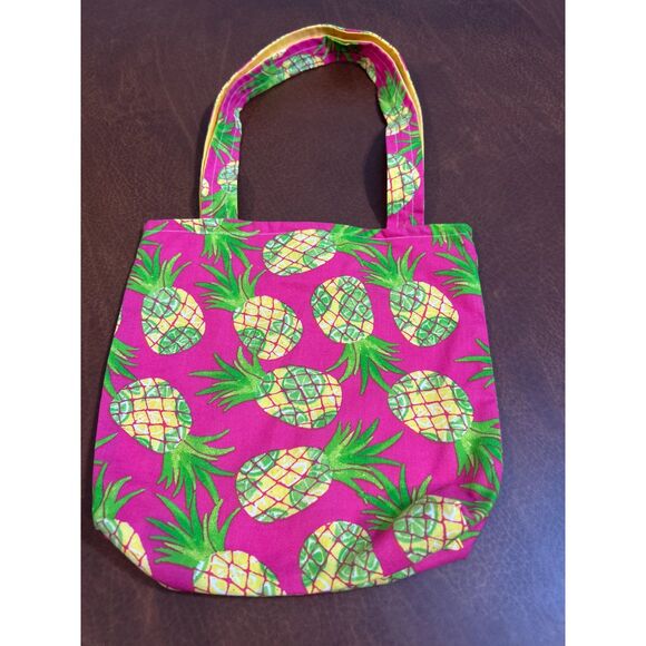 Pineapple Pink and Yellow Cotton Tote Bag Hand Made 9x9 Snap Button - Picture 1 of 4